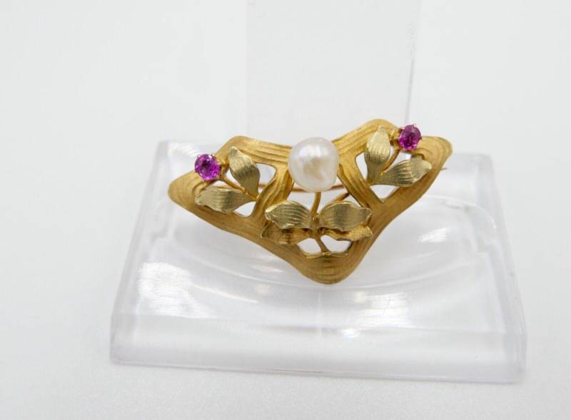 Massive Antike Florale Brosche Mit Rubin & Perle in 585 14K Gold Jugendstil von AntikhandelStuttgart