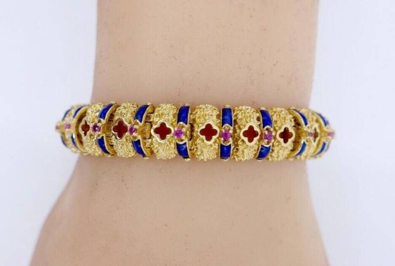 Massives Unoaerre Gelbgold Armband 750 18K Emaille Rubin 1Ar Arezzo Italien 60Er von AntikhandelStuttgart