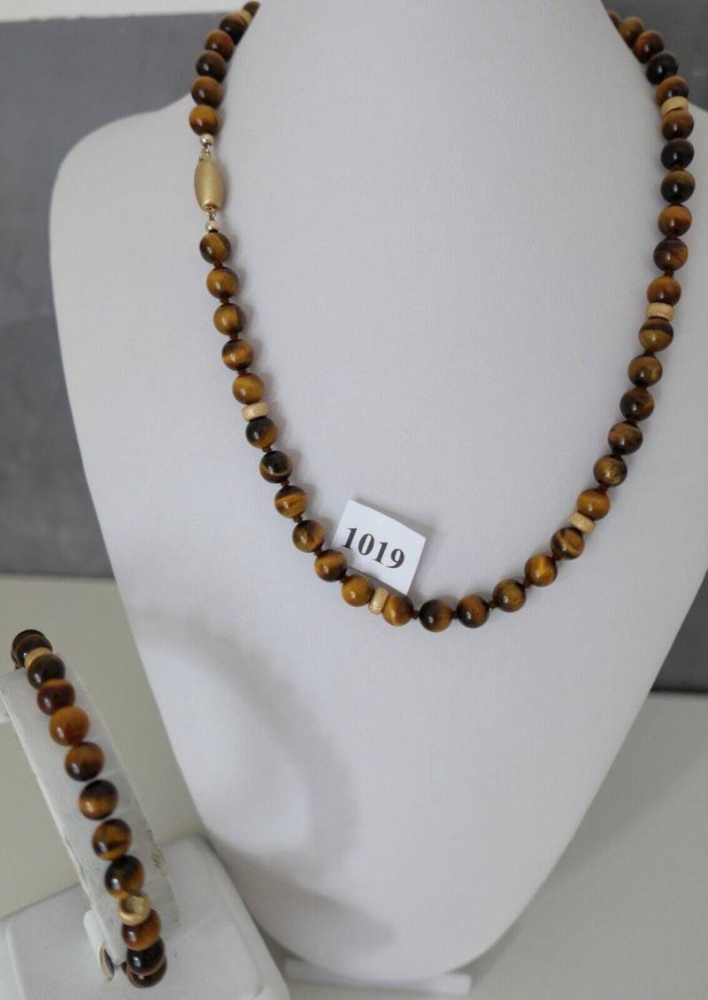 Set Kette Armreif Tiegerauge 51, 5 cm Gold Jka 585 14K Perlen Necklace Ø 8 Mm von AntikhandelStuttgart