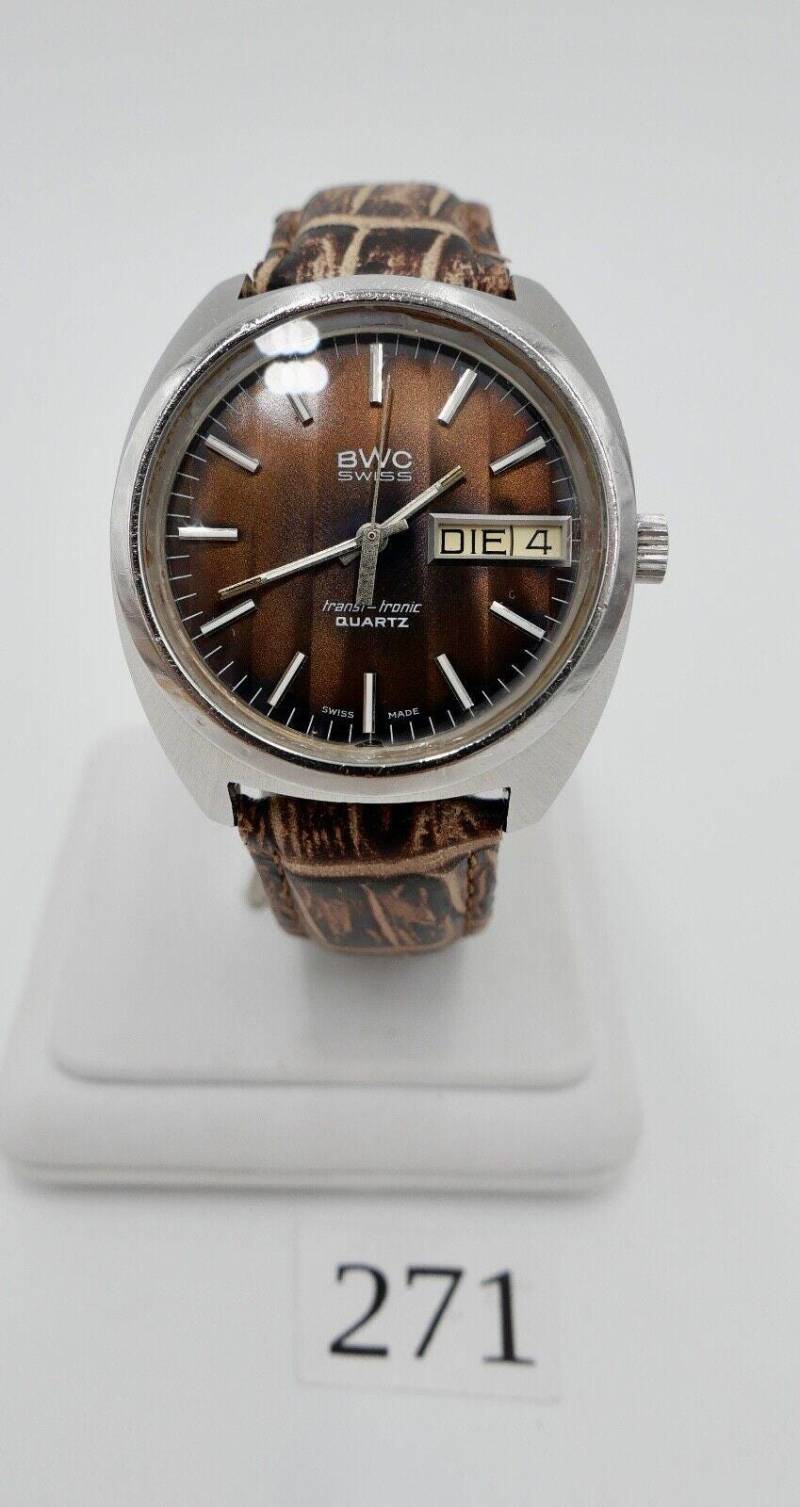 Vintage Bwc Transi Tronic Seltenes Braunes Ziffernblatt Quartz Armbanduhr 1970Er von AntikhandelStuttgart