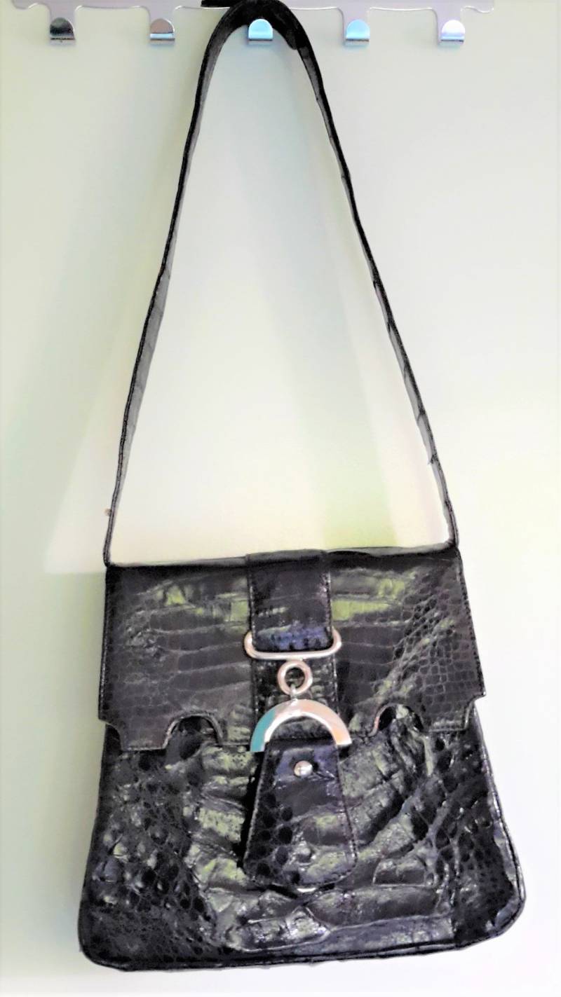 Wunderschöne, Schwarze, Wilde Krokodil Vintage Tasche, Blondes Wildlederfutter von Antikurioz