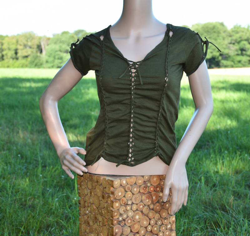 Angebot Oberteil Schnürung Grün Cut Out Hippie Sommer Top Cutwork Festival Goa Psy Kurzarm Flippig von Antimja