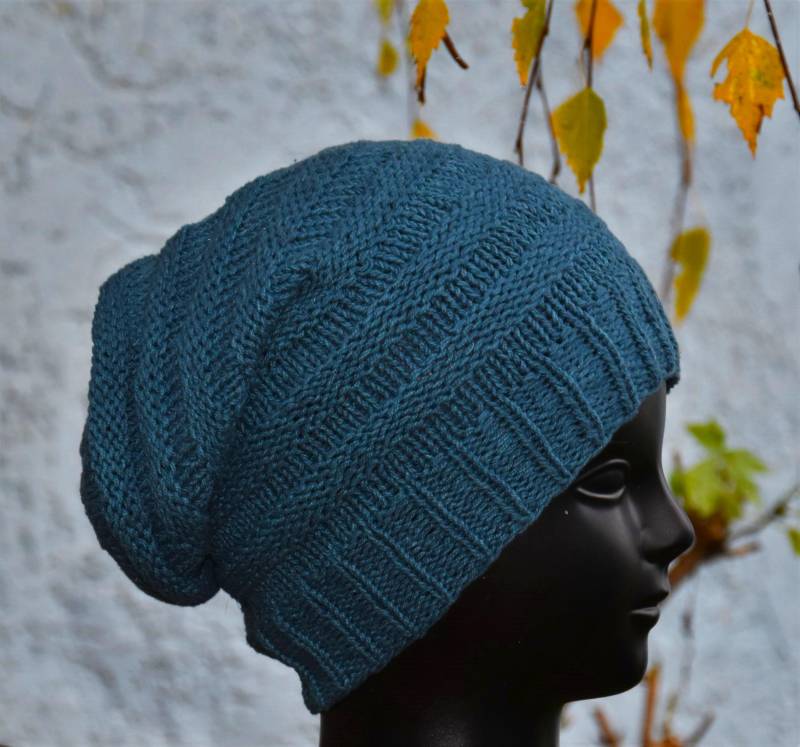 Baumwolle Mütze Beanie Petrol Warme Kopfbedeckung Hippie Handgestrickt Strick von Antimja