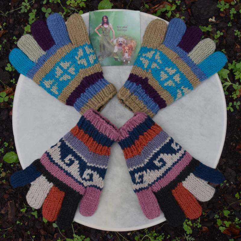 Finger Handschuhe 100% Schafwolle Wollhandschuhe Handgestrickt Fingerhandschuhe Strick Bunt Mit Muster Hippie Winter Gefüttert von Antimja