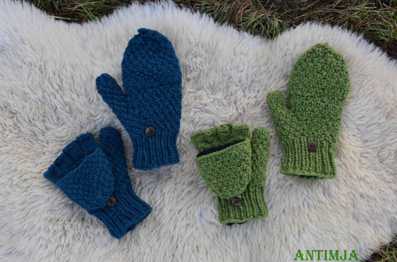 Fingerlinge Mit Klappe, Strick Handschuhe, Gefütterte Fäustlinge, Winter Handschuhe, Handschuhe Wolle, Grüne Handschuhe, Klapphandschuhe Petrol von Antimja