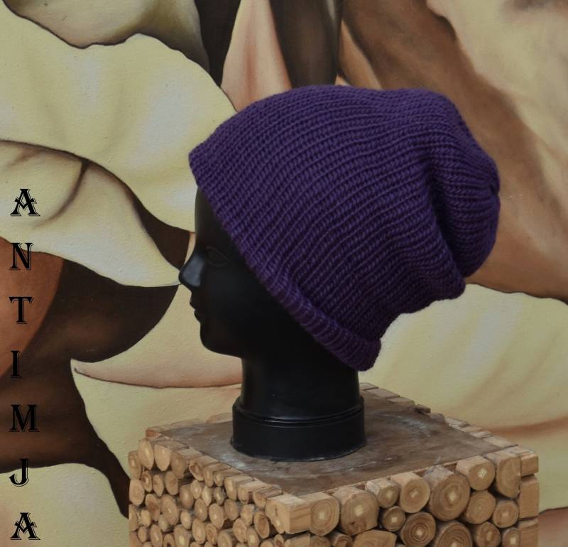 Handgestrickte Cape Mütze Skull Strick Beanie Wolle Lila Strickmütze Umschlagmütze Unisex Mütz von Antimja