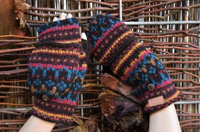 Klapphandschuhe Fingerlos Handgestrickt Gefüttert Strick Handstulpen Mit Klappe Bunte Fäustlinge Wolle von Antimja