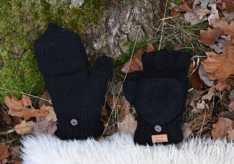 Klapphandschuhe Schwarz Handgestrickt Gefütterte Wollhandschuhe Fäustlinge Fingerlinge Strick Warme Klapp Handschuhe Hippie Winter von Antimja