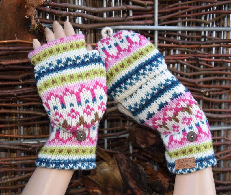 Klapphandschuheangebot Fingerlos Handgestrickt Gefüttert Handstulpen Mit Klappe Bunte Strick Fäustlinge von Antimja