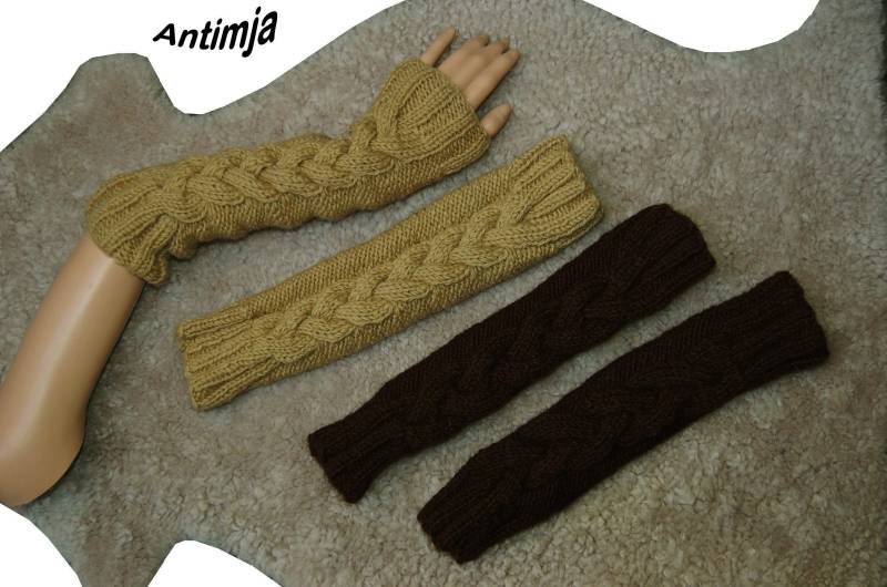 Lang Armstulpen, Angebot Woll Stulpen, Wolle Beinstulpen, Strickstulpen Zopfmuster, Strickmode, Pulswärmer, Winter Stulpen Arm Oder Bein von Antimja