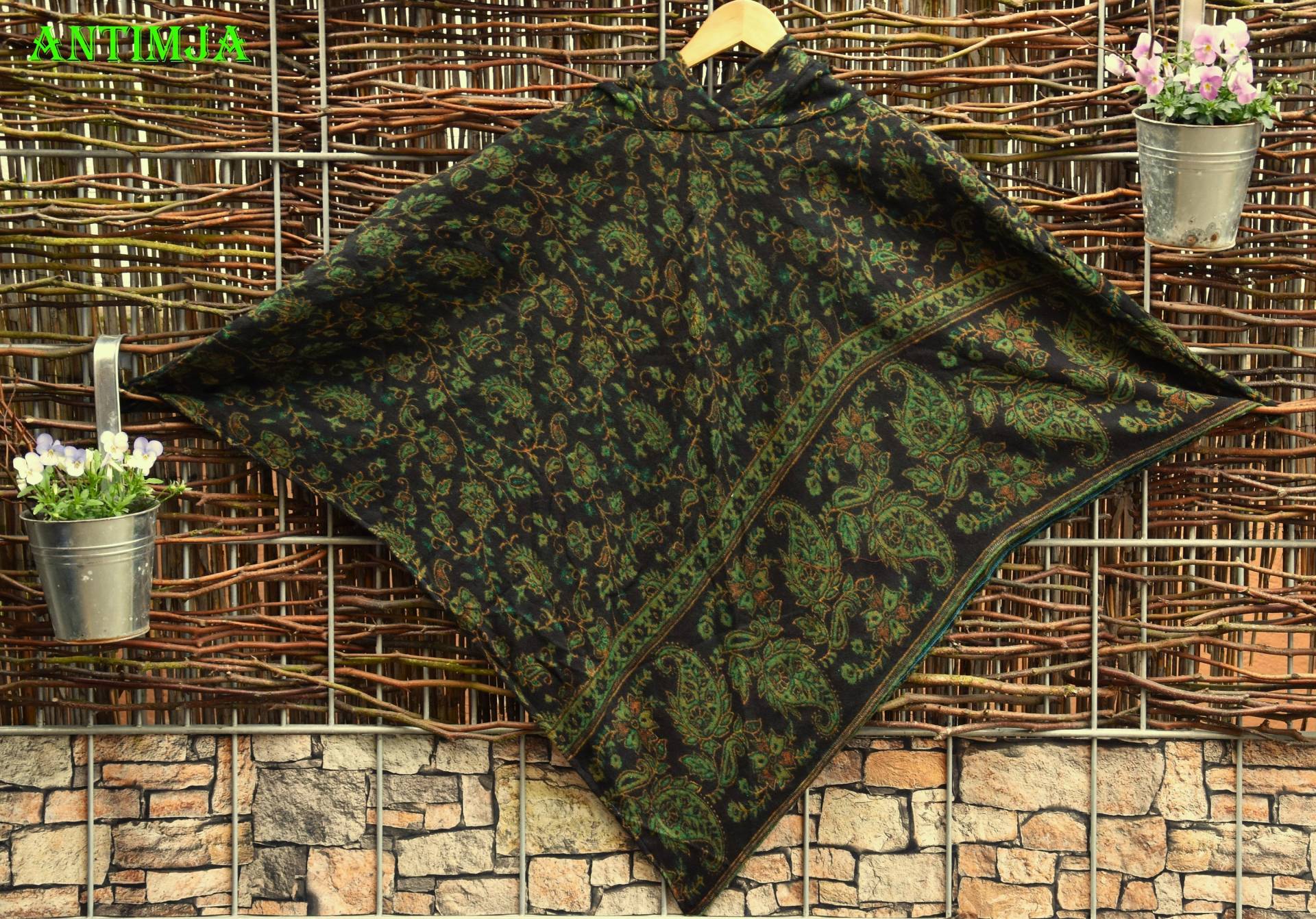 Poncho Mit Kapuze Cape Überwurf Grün Schwarz Hippie Umhang Bunt Festival Ganzjährig Flippiger von Antimja