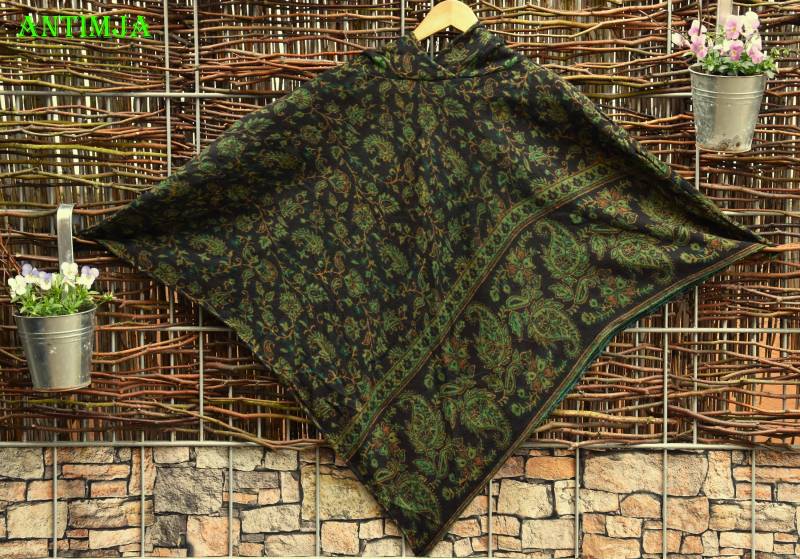 Poncho Mit Kapuze Cape Überwurf Grün Schwarz Hippie Umhang Bunt Festival Ganzjährig Flippiger von Antimja