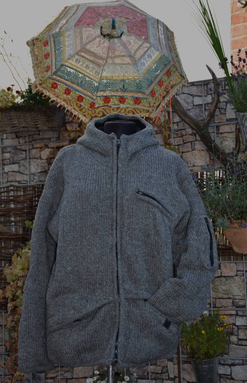 Strick Winterjacke 100% Wolle Graue Kapuzen Strickjacke Gefütterte Winter Warme von Antimja
