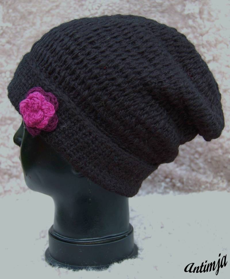 Wollmütze Angebot Beanie Blume Schwarz Winter Mütze Strick Kopfbedeckung Warme Geefüttert von Antimja