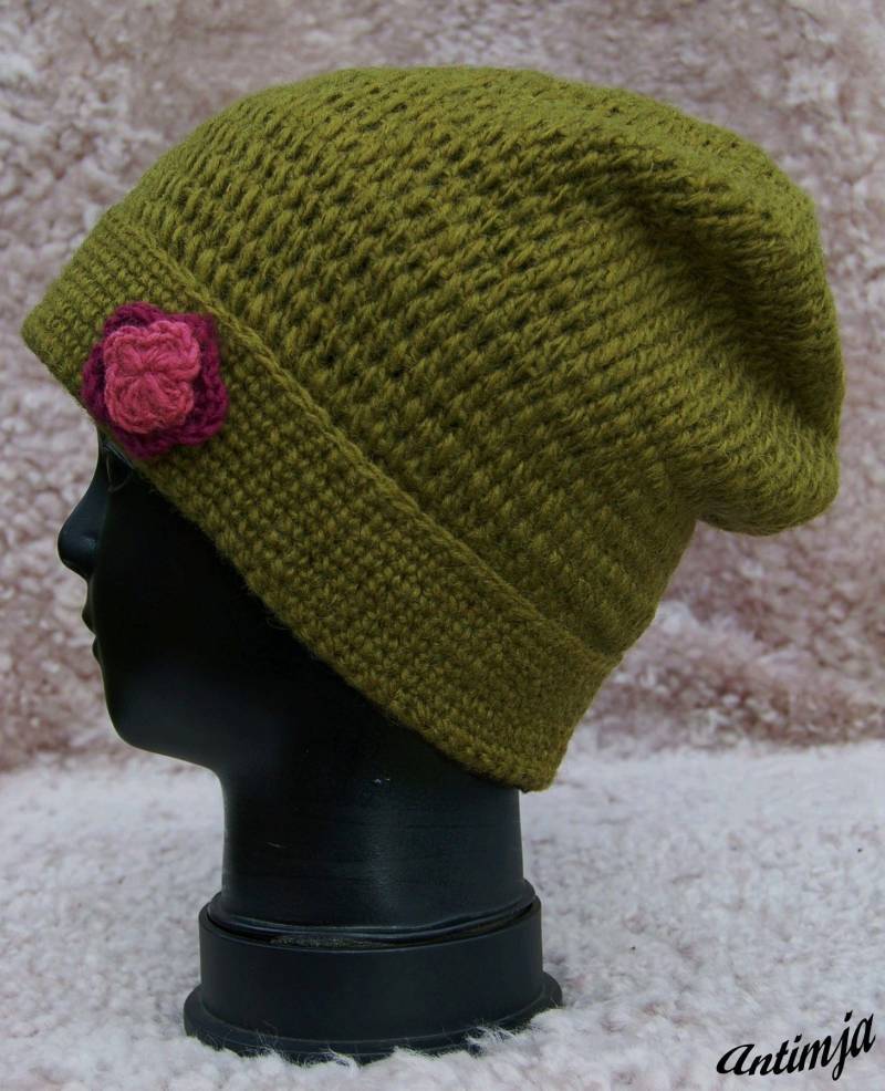 Wollmütze Angebot Beanie Mütze Blume Grüne Kopfbedeckung Strick Grün Winter Hippie von Antimja