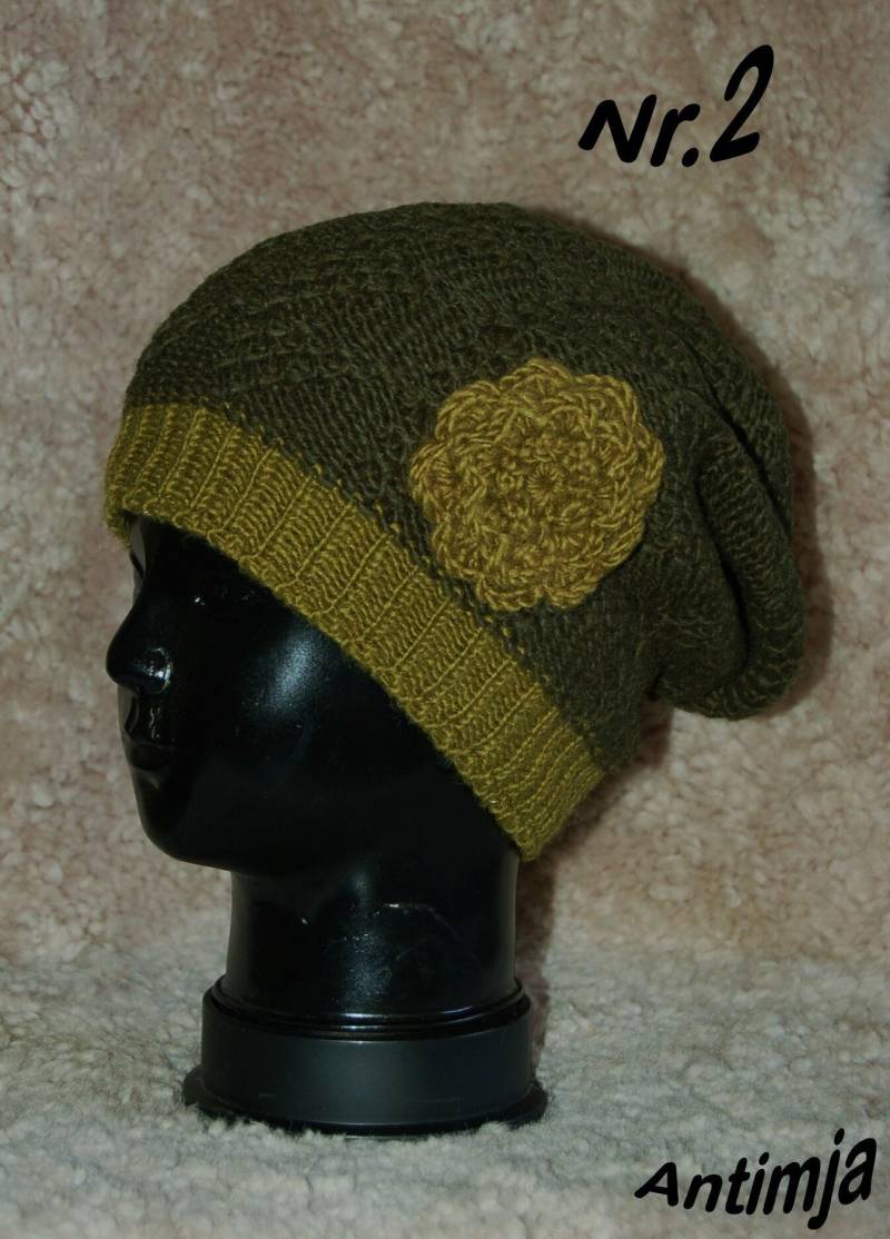 Wollmütze Beanie Blume Warme Mütze Strick Wolle Kopfbedeckung Gefütterte Grau Hippie Strickmütze Winter von Antimja