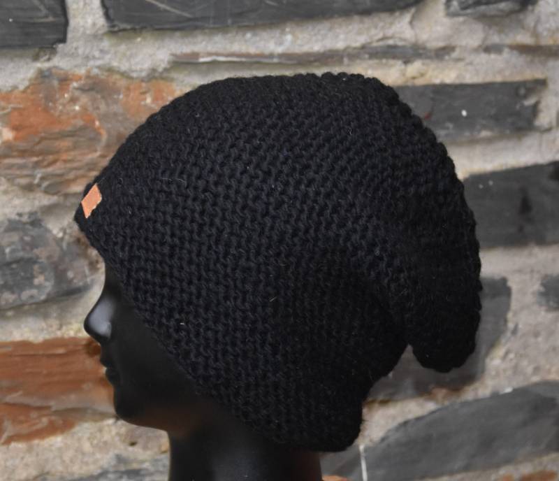 Wollmütze Beanie Schwarz Warme Mütze Handgestrickte Winter Kopfbedeckung Hippie Strickmütze Innen Fleece Schafwolle von Antimja