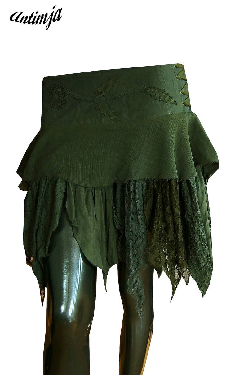 Zipfelrock Miniangebot Schwarz Lagenlook Hippie Feen Festival Rock Grün Mittelalter Braun Flippiger Minirock Baumwolle von Antimja