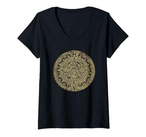 Damen Azteken-Sonnen-Kalender Antike mexikanische Maya Antik Mesoamerika T-Shirt mit V-Ausschnitt von Antique Mystical Occult