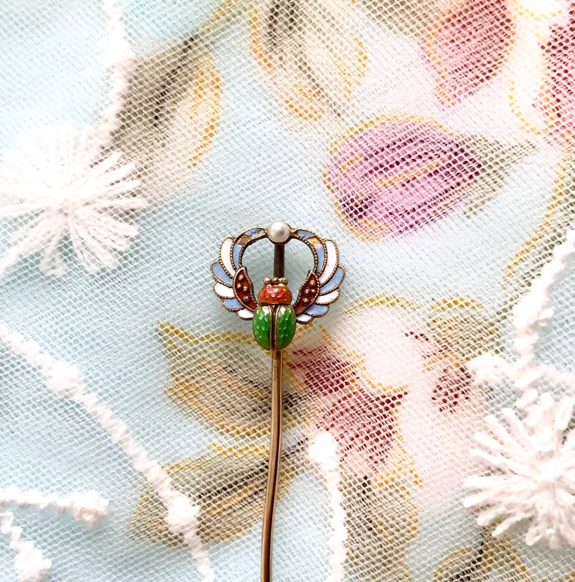 Antiker Jugendstil 14K Geflügelter Skarabäus Emaille Samenperle Als Ring Umwandeln von AntiqueBlings