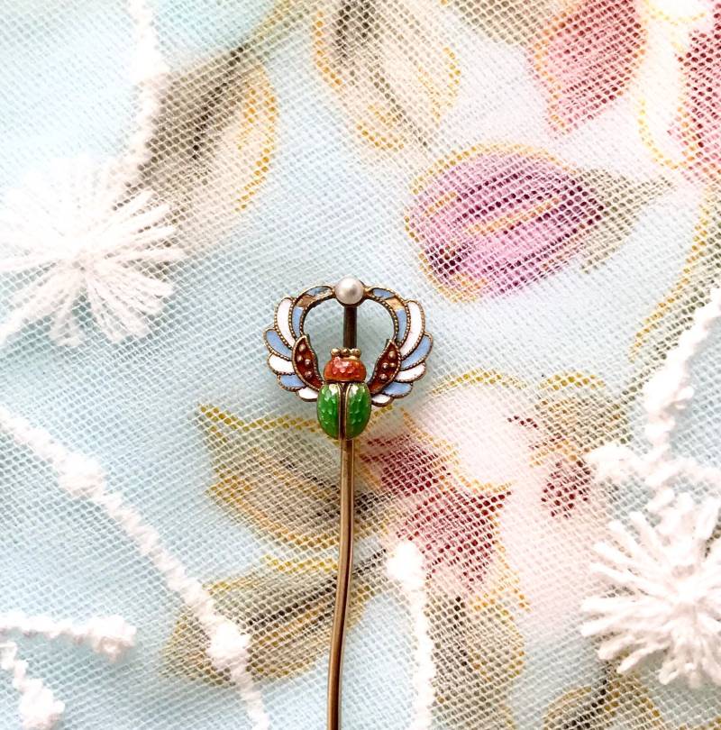 Antiker Jugendstil 14K Geflügelter Skarabäus Emaille Samenperle Als Ring Umwandeln von AntiqueBlings