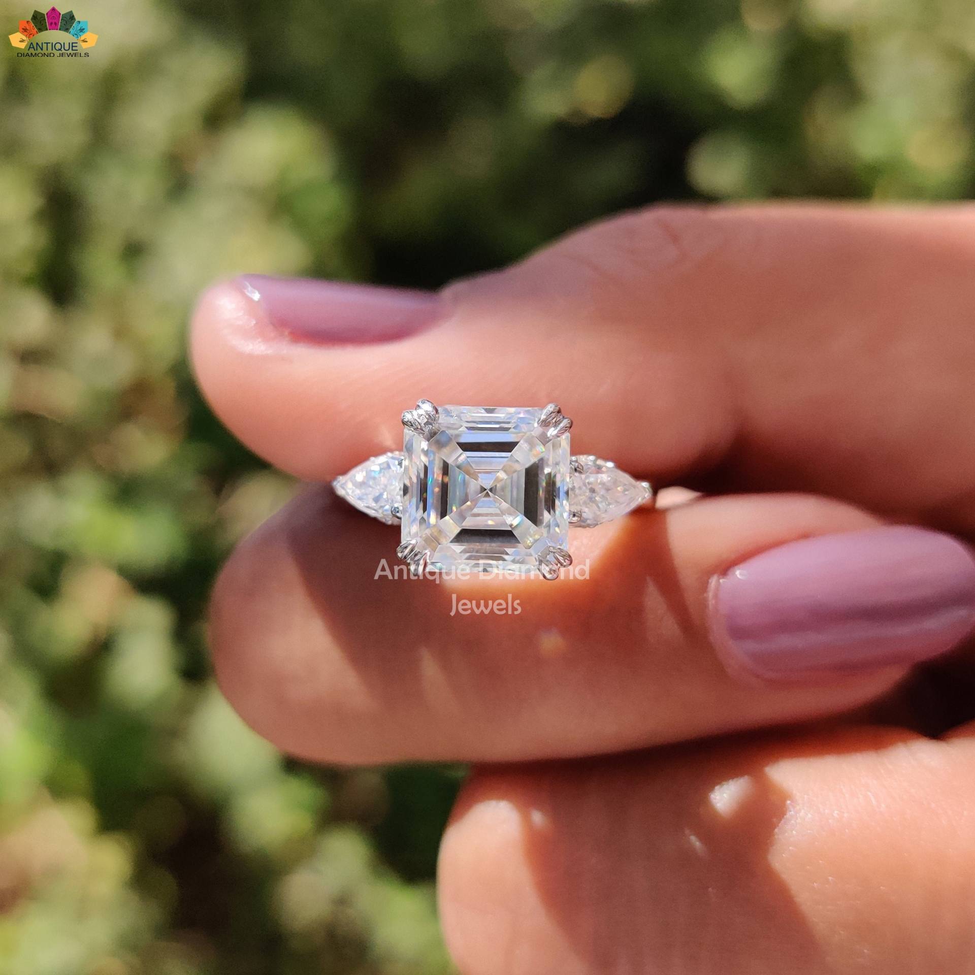 3.53 Tcw Asscher Cut Farblos Moissanite Verlobungsring, Versteckter Halo-Ring, Seitenbirne Und Runder Moissanite, Ehering, Ringe Für Frauen von AntiqueDiamondJewel