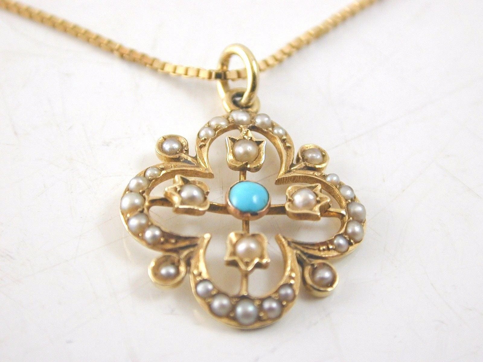 Entzückende Antike 15 Karat Türkis Und Perlen Anhänger 18Ct 16" Gold Halskette 4.9G von AntiqueJewellers