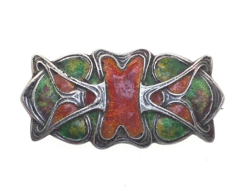 Murrle Bennett Silver Und Emaille Brosche Antik Jugendstil Grün & Orange 10, 8 G von AntiqueJewellers