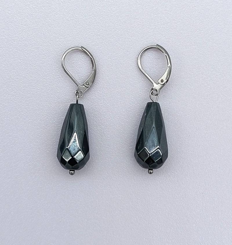 Vintage Ohrhänger Im Art Deco Stil Mit Natürlichem Hämatit, Edelstahl, 80Er Jahre von AntiqueJewelryByD