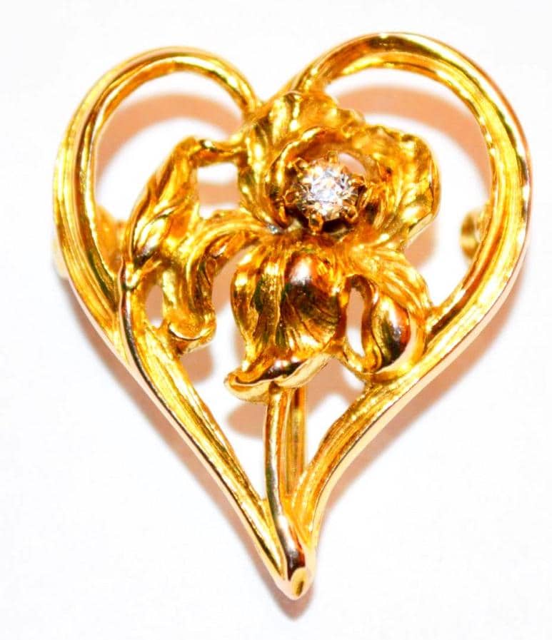 Gold Jugendstil Iris Blumen Herz Ansteckbrosche Mit Diamant von AntiqueJewelryLove