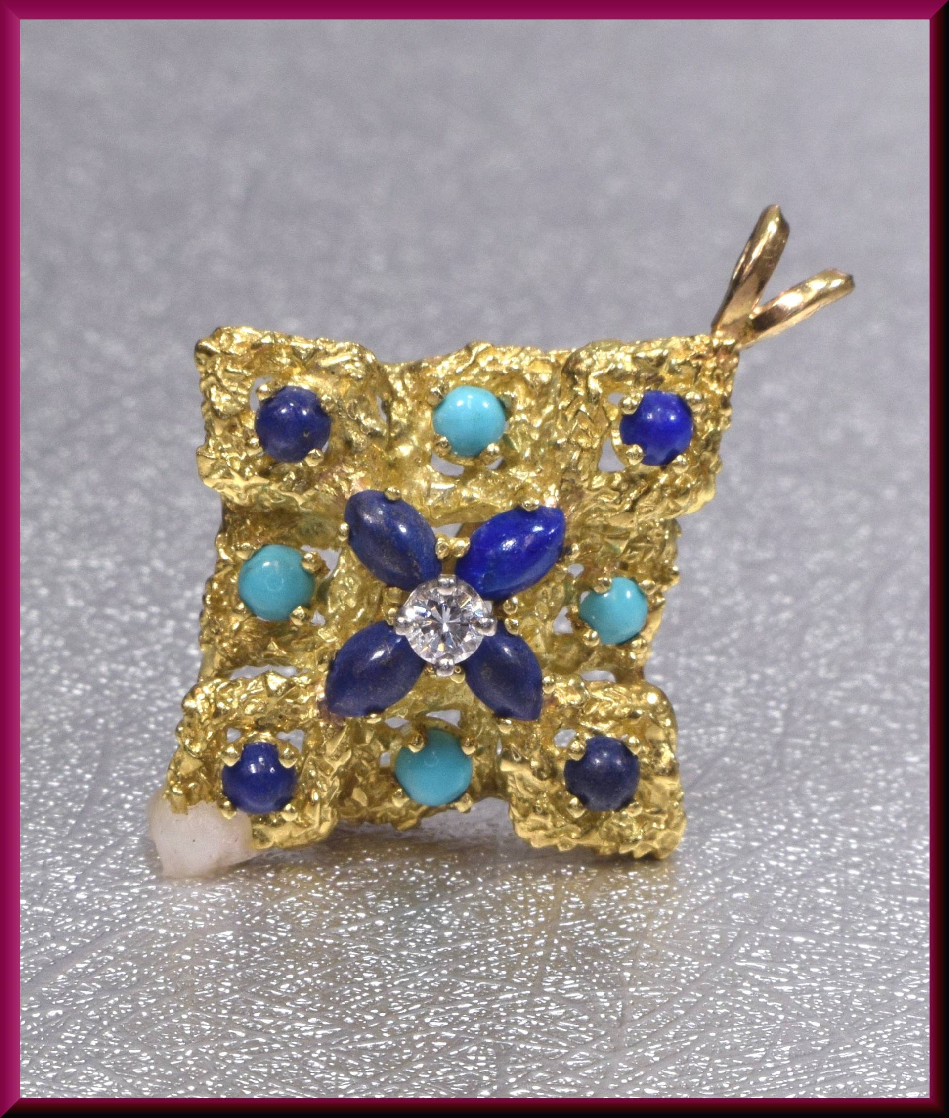 18K Gelbgold Anhänger, Gold Und Lapis Türkis Diamant Brosche Bouquet, Brautbrosche von AntiqueJewelryNyc