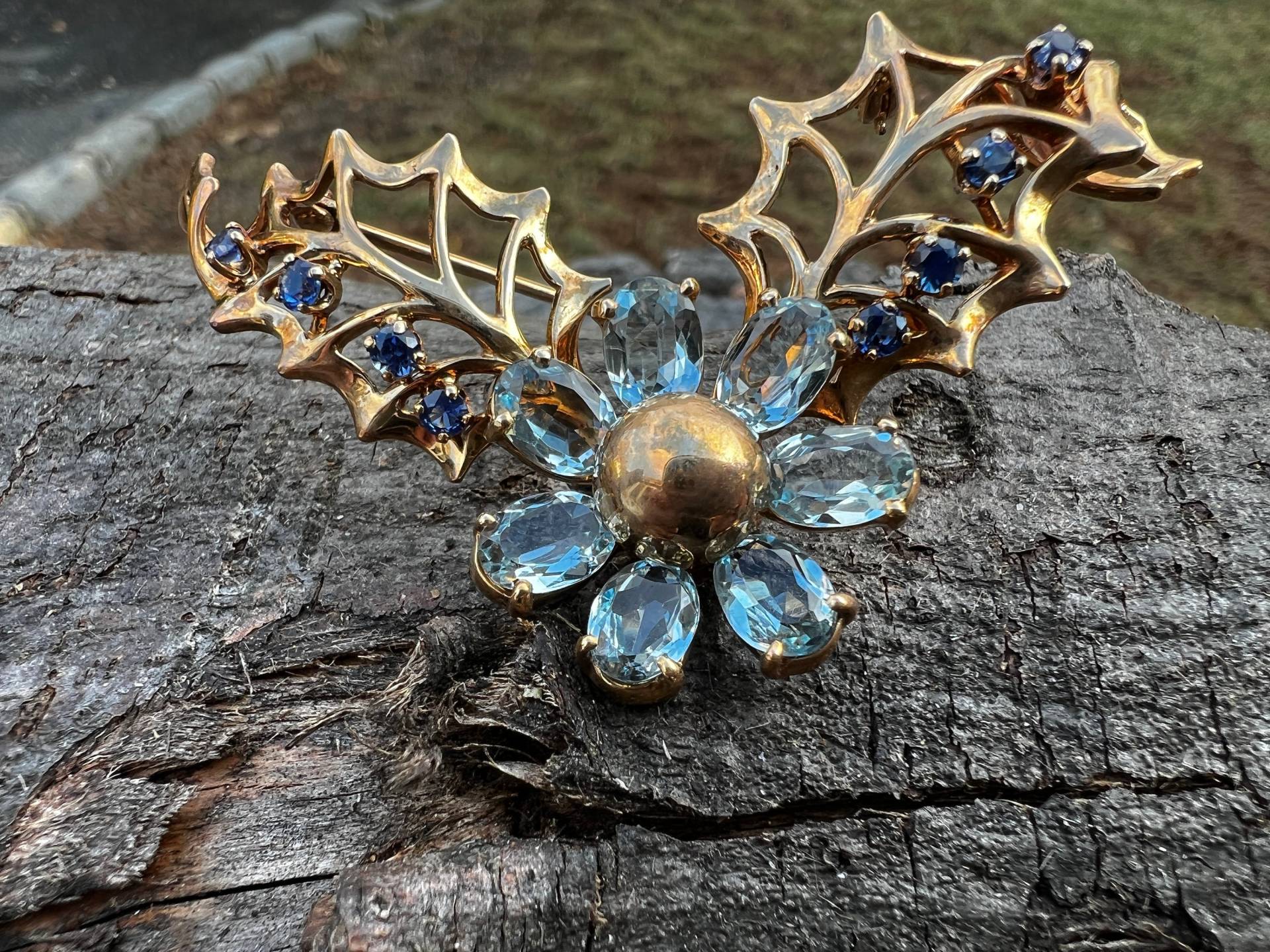 Aquamarin Brosche, Saphir Blumen Blume, Pin von AntiqueJewelryNyc