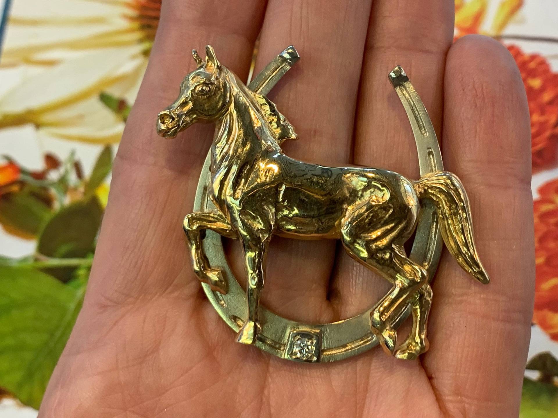 Diamant Pferd Pin, Goldpferd Brosche, Reiter Schmuck, Hufeisen Brosche von AntiqueJewelryNyc