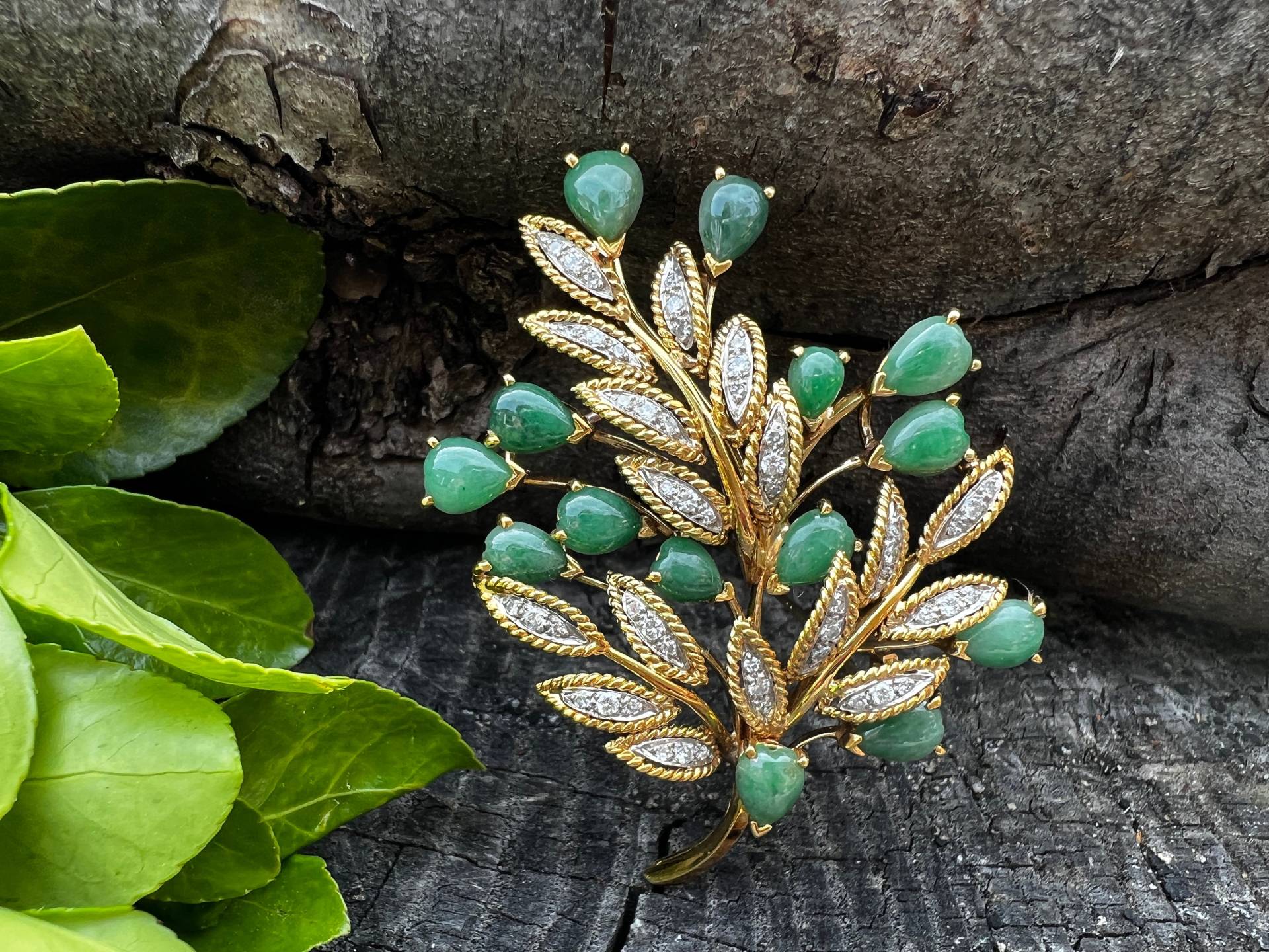 Jade Blumen Brosche, Diamant Blume, Gold Florale Brosche Bouquet, Pin von AntiqueJewelryNyc