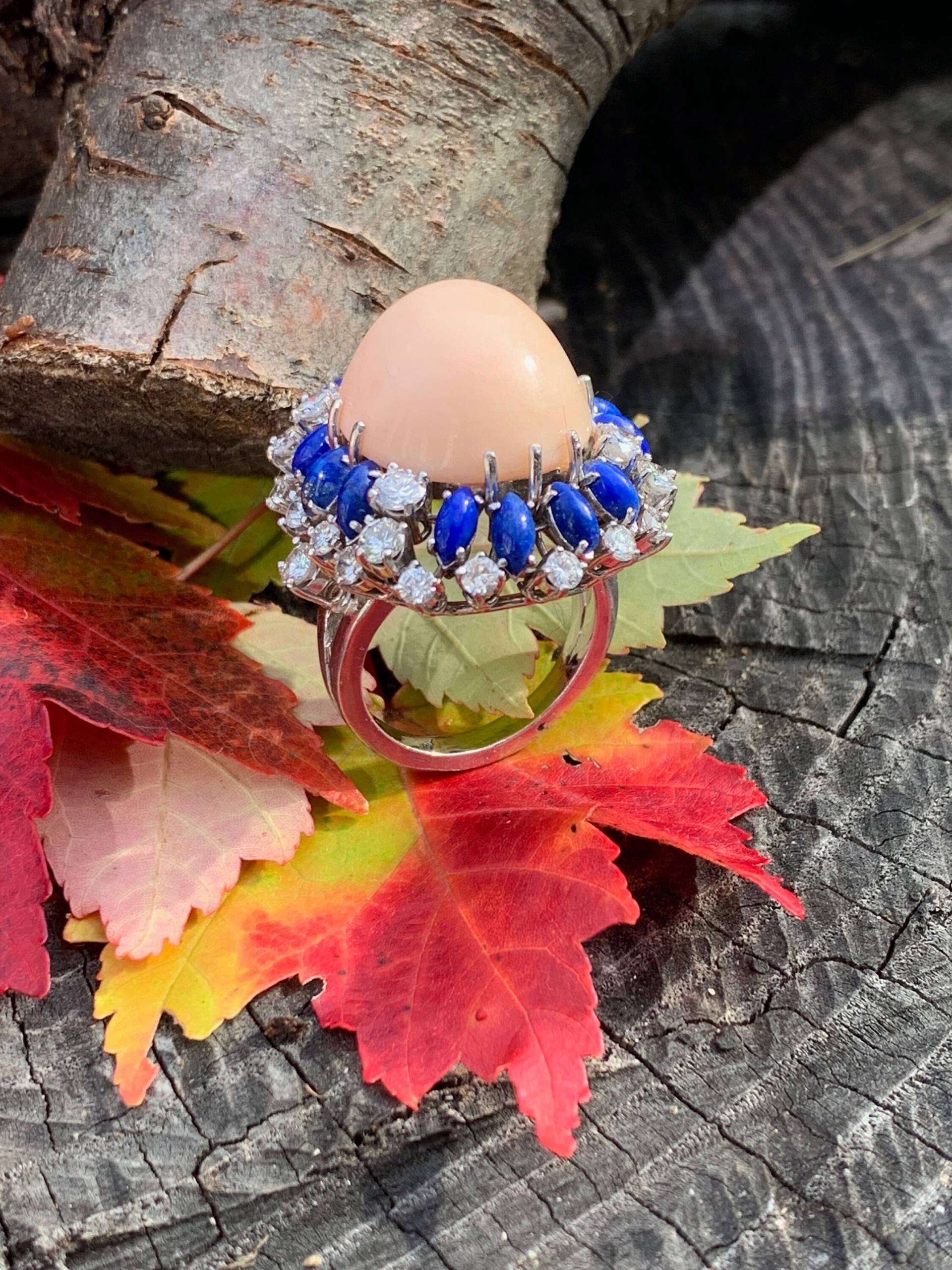 Korallen Diamant Ring, Gold Und Koralle Lapis Statement Ring von AntiqueJewelryNyc