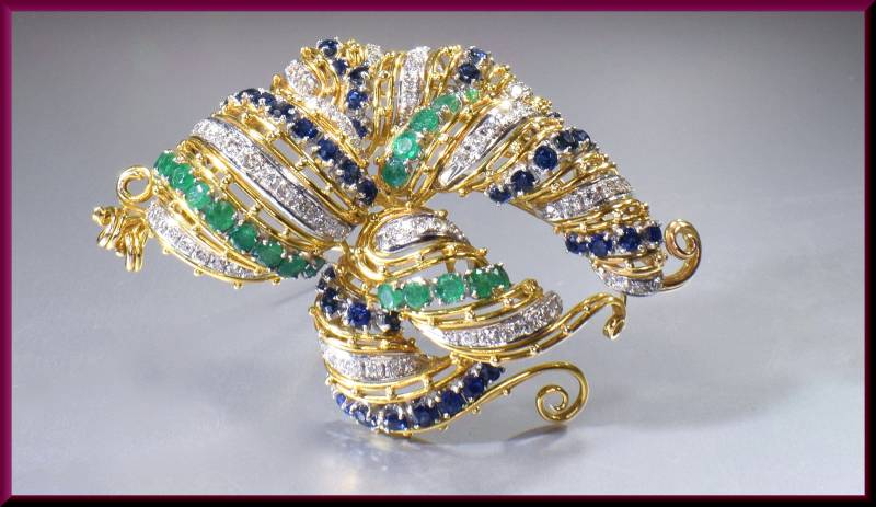 Smaragd, Saphir Und Diamant Anstecknadel, 1960Er Pin 18K Gelbgold Brautbrosche Brosche Bouquet von AntiqueJewelryNyc