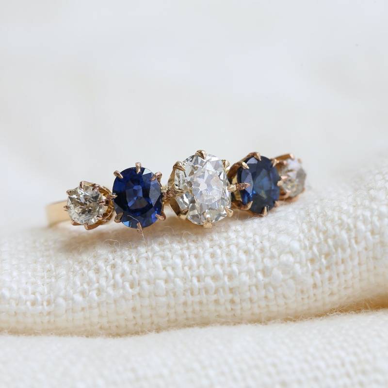 Vintage Saphir Und Diamant Fünfstein Ring 750Er Gelbgold von AntiqueJewelsLondon