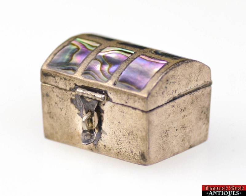 Vtg Sterling .925 Iguala Mexico Miniatur Schatztruhe W/Riegel Abalone Deckel Aufbewahrungsbox von AntiqueShack