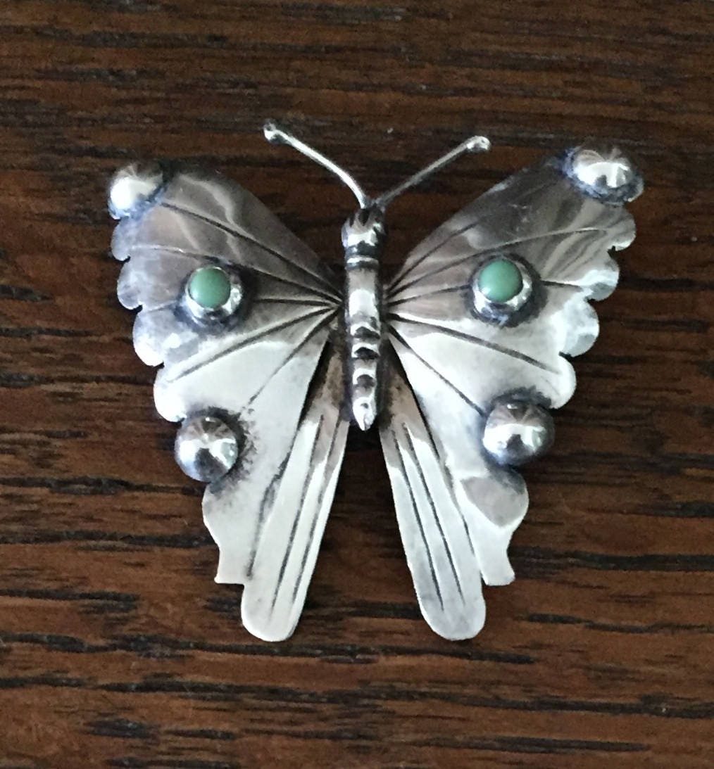 Taxco Mexico Fm 925 Sterling Silber Türkis Schmetterlingsbrosche von AntiqueSoCal