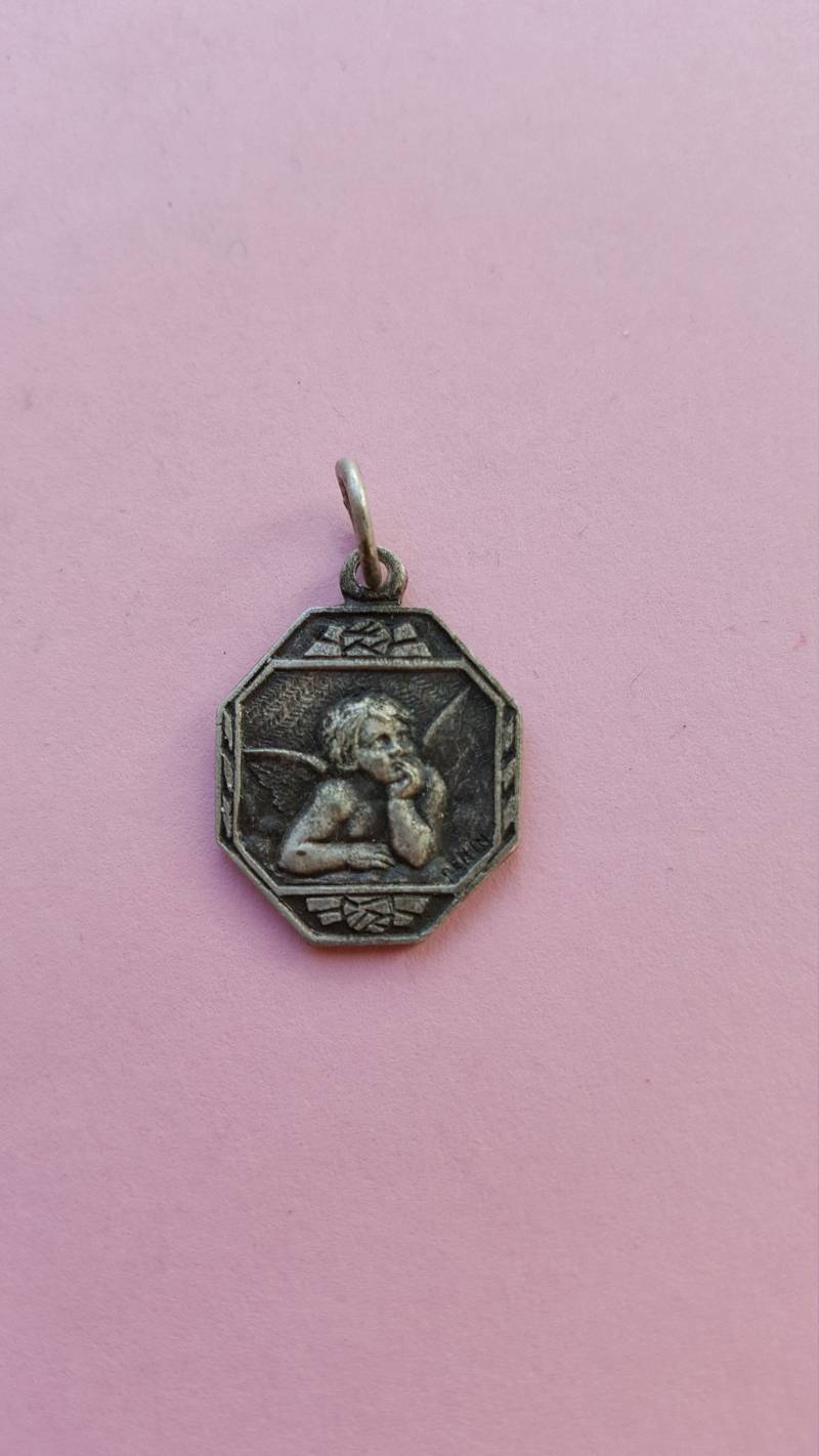 Religiösen Versilbert Anhänger Medaille, Heilige Charme, Medaillon Von Der Berühmten Raphael Engel | Engel Schutzengel, Penin Poncet von AntiquebyMonique