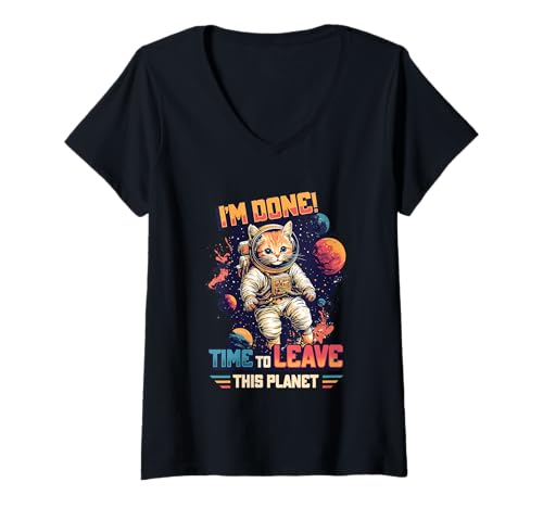 Damen Ich habe genug Zeit, diesen Planeten zu verlassen Misanthrop Antisocial T-Shirt mit V-Ausschnitt Damen Ich habe genug Zeit, diesen Planeten zu verlassen Misanthrop Antisocial T-Shirt mit V-Ausschnitt von Antisocial Cat Astronaut Introvert Humor