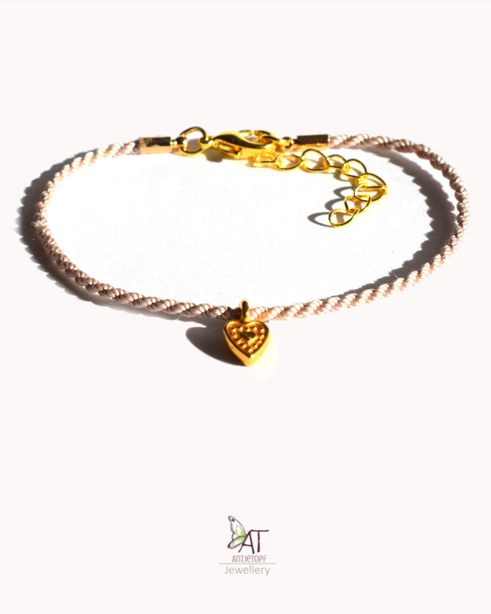 Seidenarmband Mit Goldenem Herzanhänger, Seidene Hochzeit, Partner Armband, Geschenk Idee, Freundin, Jubiläum, Einweihung, Männer Armband von AntjeTopfJewellery