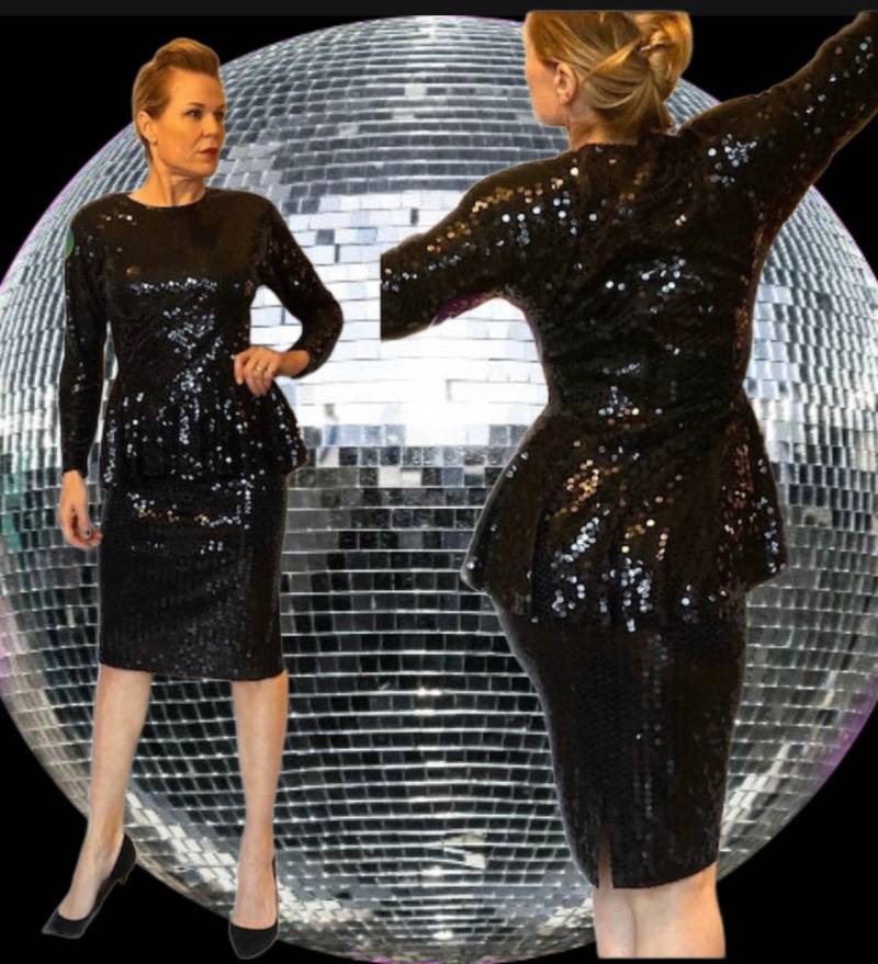 Oleg Cassini Wunderschönes Vintage Schwarzes Pailletten Schößchen Cocktailkleid - Circa 1980Er Jahre von AntoinettesCake