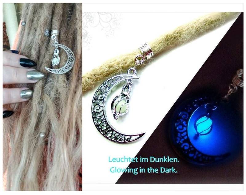Mond Dread Schmuck Leuchtet Blau Fluoreszierend Anhänger Ohrring Luna Kette Glüht Licht Dreadlocks Dreadschmuck Spiralen von AntoninaHaarschmuck