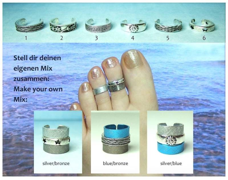 Set 3 Zehringe Silber Bronze Türkis Schwarz Braun Gold Rosa Band Braut Ring Zeh Farbig Bunt Fuß Geschenk Fußschmuck Motivring Zehschmuck von AntoninaHaarschmuck