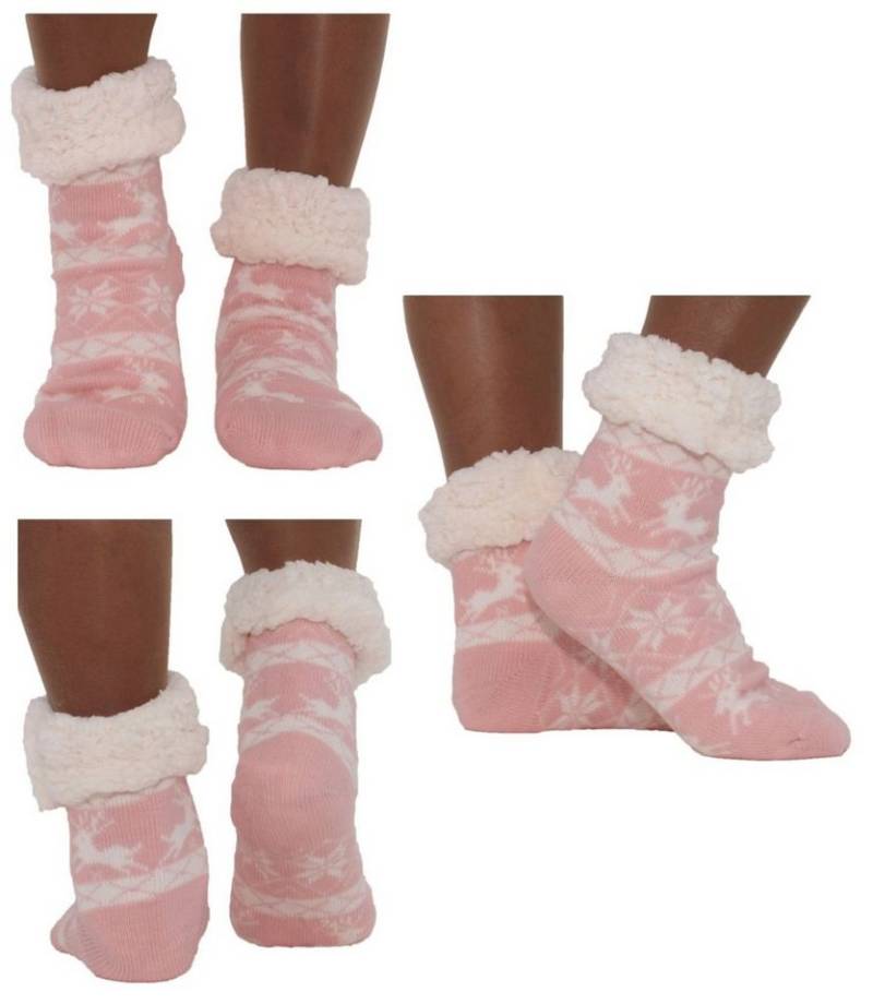 Antonio Kuschelsocken Hüttensocken Haussocken Hüttenschuhe Rosa Weiß ABS Teddy Art: Rosa - von Antonio
