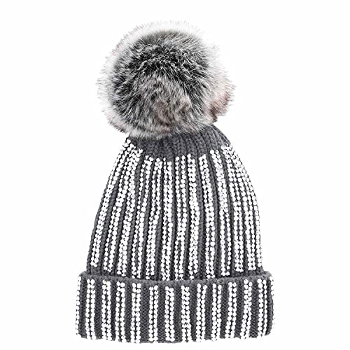 Antonio Strick Mütze Beanie mit Bommel und Pailletten dunkelgrau von Antonio