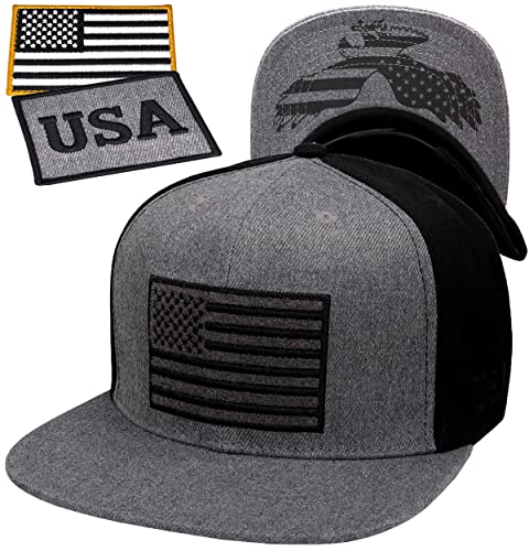 Antourage Amerikanische Flagge Unisex Baseballmütze für Damen und Herren | USA Flagge Mesh Snapback Flat Visor Cap + 2 patriotische Patches, (76) zweifarbig: grauschwarz Flat Visor Snapback, von Antourage