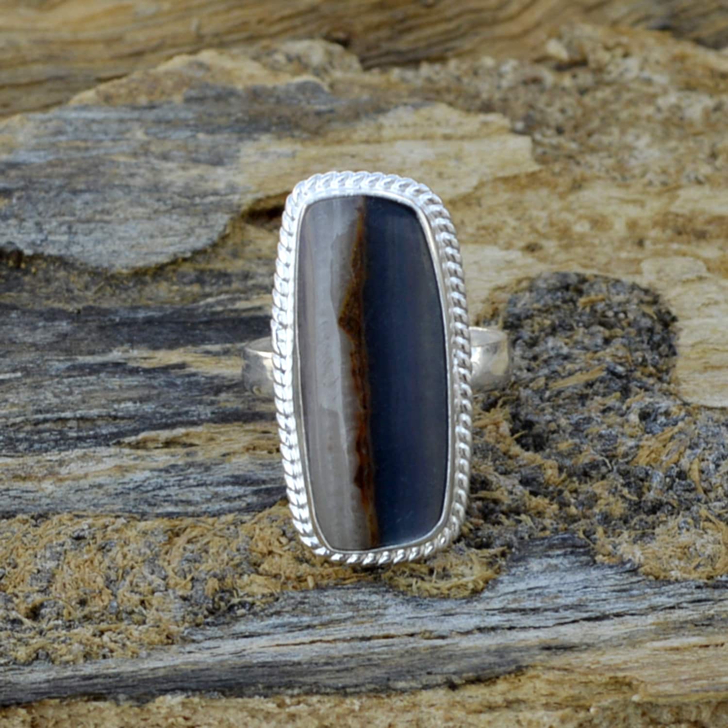 Bezel Set Botswana Achat Ring 925 Sterling Silber Handwerker Ring von Antragemsnjewels