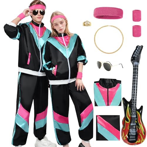 Antsparty 80er 90er Jahre Outfit Herren Damen, 80er Jahre Trainingsanzug Set mit Aufblasbare Gitarre Brille Stirnband Halskette, 80er Jahre Kleidung für Karneval Bad Taste Party Mottoparty von Antsparty